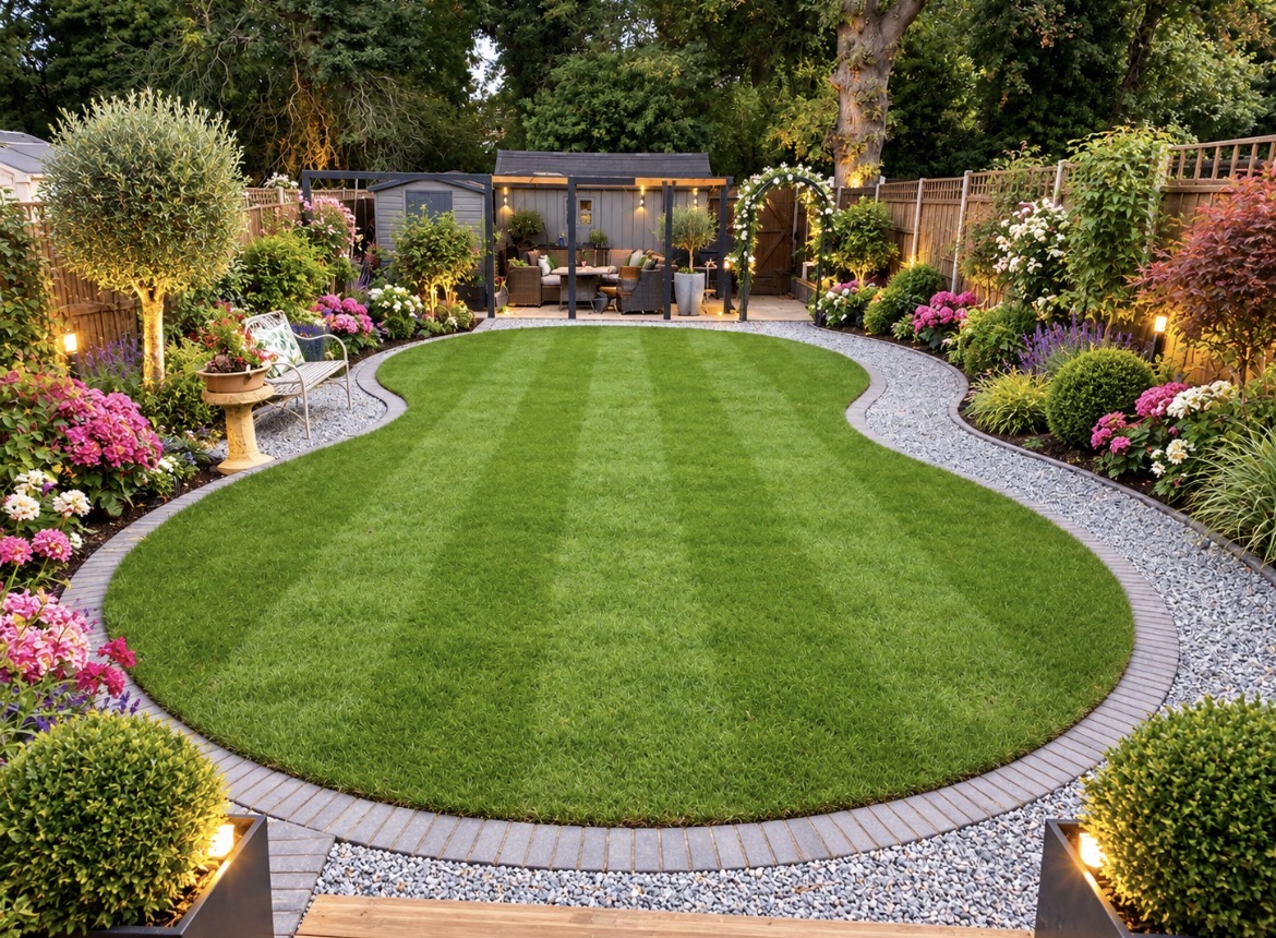 Completed lawn and landscaped garden